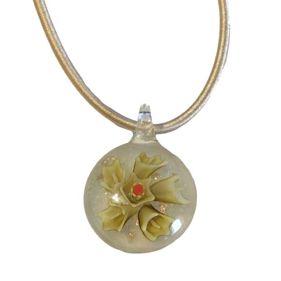 Glass Pendant Chord Necklace Adjustable Length Neutral tones Cream Green - Picture 2 of 4